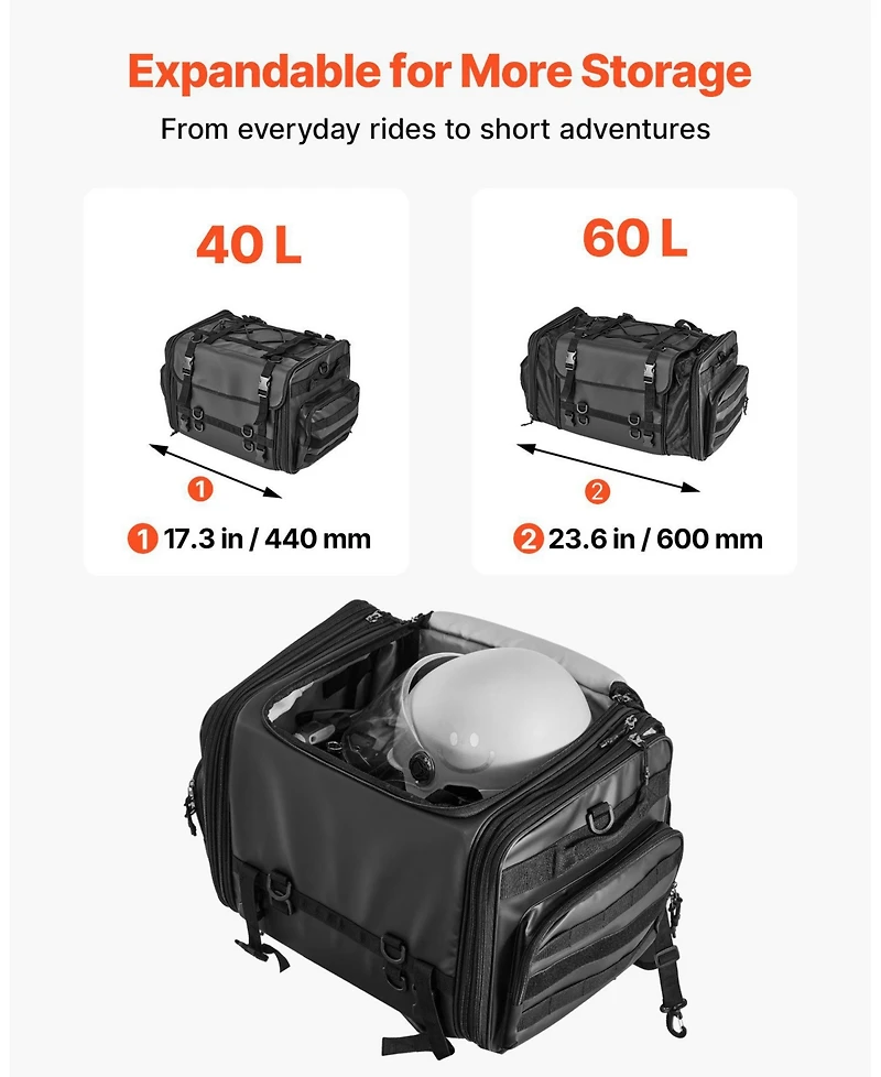 Mecale 40 to 60L Expandable Motorcycle Tail Bag with Waterproof Rain Cover
