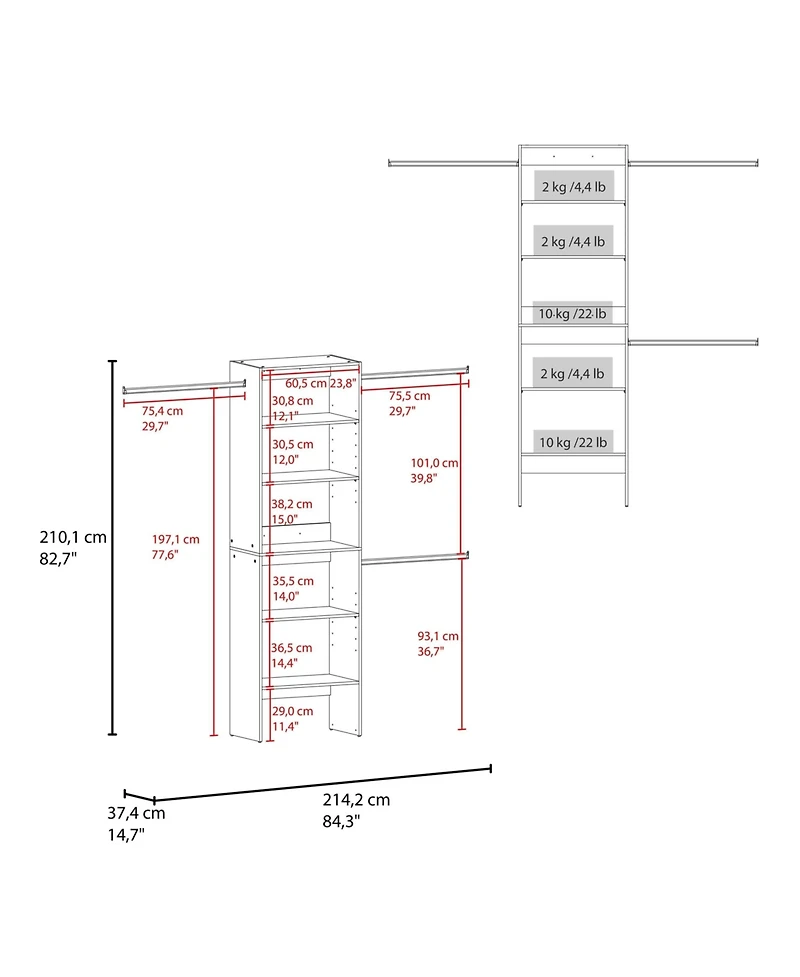 Fm Furniture Elara Vertical Closet Organizer with Open Shelves and Hanging Bars for Clothing,