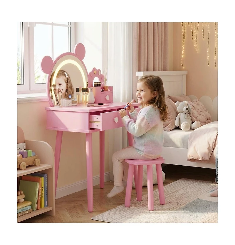 Homfan Bear-Shaped Lighted Mirror Kids Vanity Table and Chair Set - Wooden Princess Makeup Desk with Stool, Storage Drawers