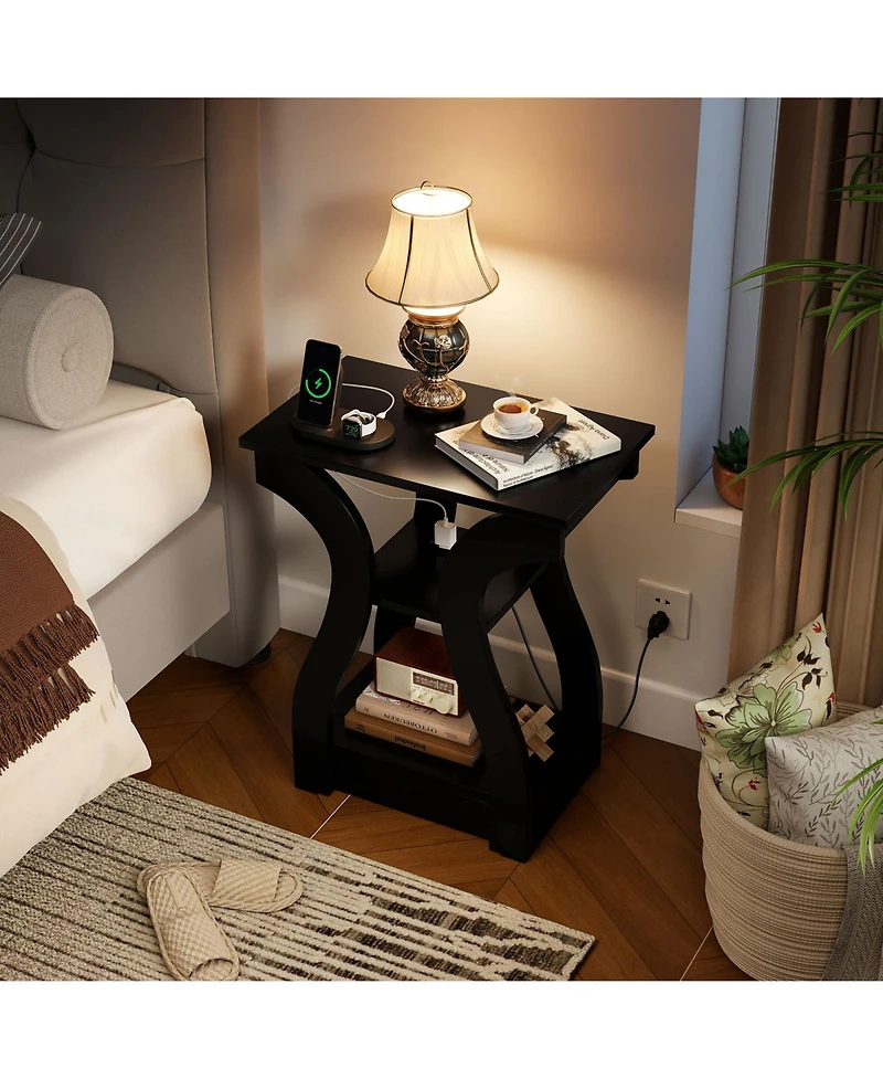 Gymax End Tables w/Charging Station Set of 2 3-Tier Side with Usb Ports and Outlets