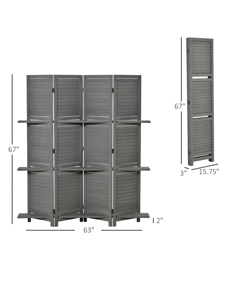 Rainsken 4 Panel Folding Room Divider, with Shelves, 5.6 Ft Freestanding Paulownia Wood, for Bedroom Home Office, No Assembly Required