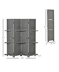 Rainsken 4 Panel Folding Room Divider, with Shelves, 5.6 Ft Freestanding Paulownia Wood, for Bedroom Home Office, No Assembly Required