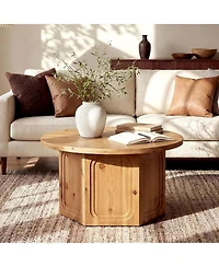 Tribesigns Large Round Solid Wood Coffee Table with Hexagon Pedestal Base
