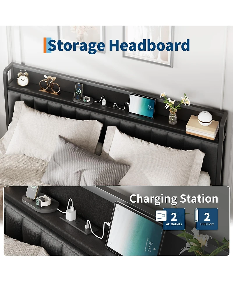 gaomon Size Bed Frame with Charging Station, Faux Leather Headboard and and Footboard