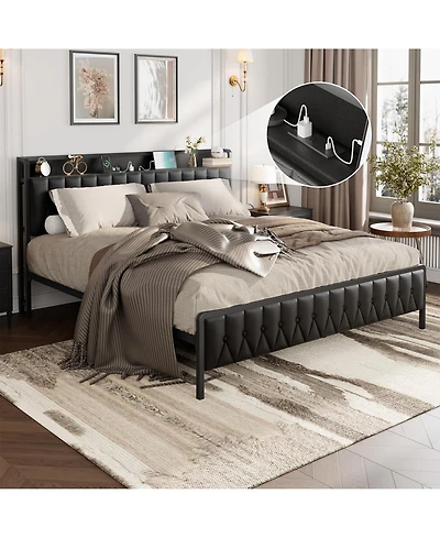 gaomon Size Bed Frame with Charging Station, Faux Leather Headboard and and Footboard