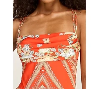 Seni & Cade Women's Satin Scarf Printed Cowl Neck Dress