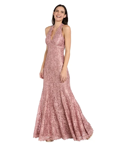 R & M Richards Petite Halter V-Neck Stretch Lace Ball Gown