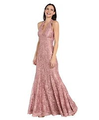 R & M Richards Petite Halter V-Neck Stretch Lace Ball Gown