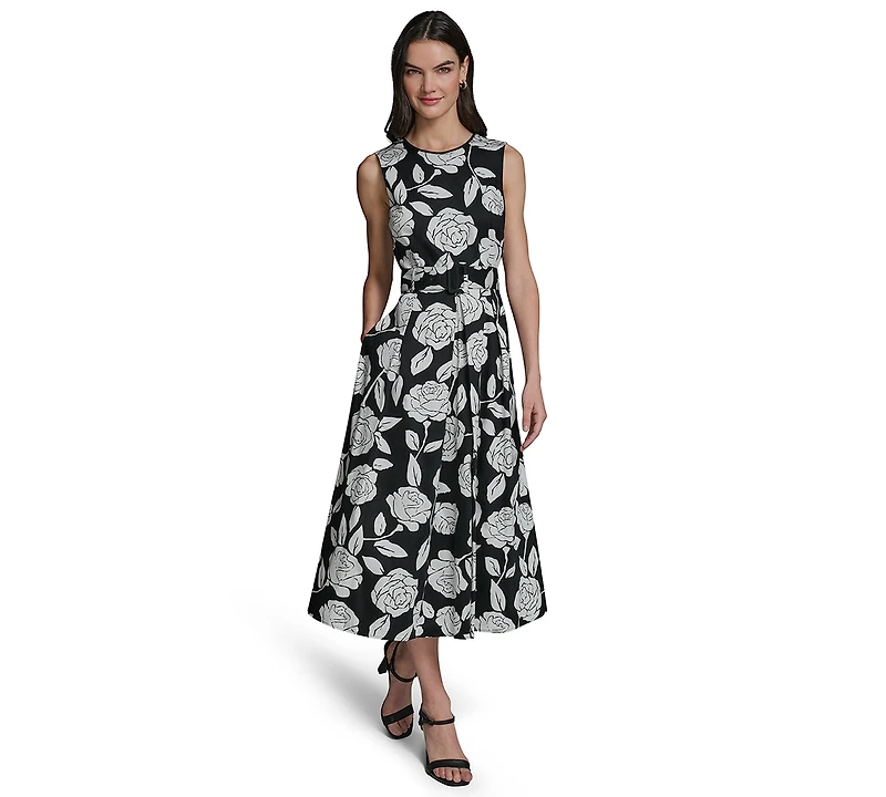 Karl Lagerfeld Paris Women's Floral Border Print Crew Neck Midi Dress