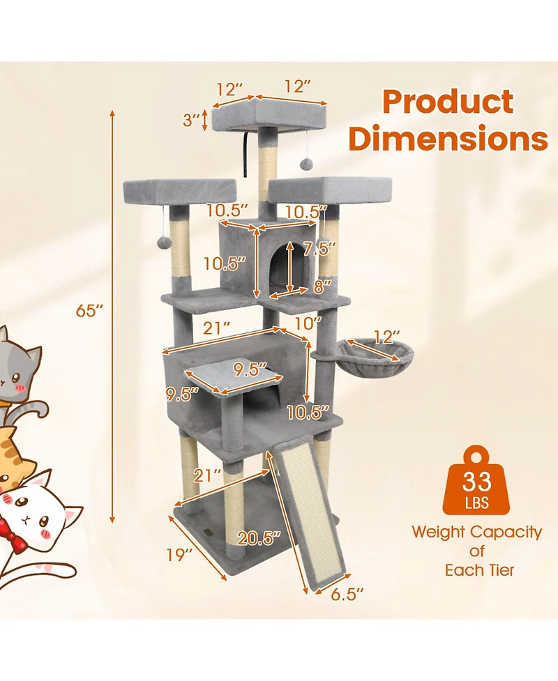 Cozito Cat Tree 65 in with 3 Upholstered Perches and 2 Condos