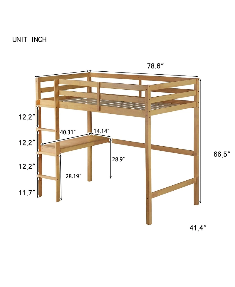 Sailvan High Loft Bed, Rubber Wood Loft Bed with Safety Guardrail, Built-in Desk and Ladder