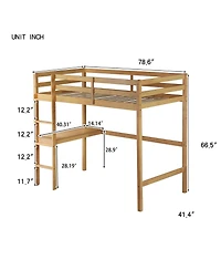 Sailvan High Loft Bed, Rubber Wood Loft Bed with Safety Guardrail, Built-in Desk and Ladder