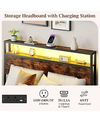 Gymax Full Size Led Bed Frame with 2-Tier Storage Headboard and 4 Drawers Charging Station