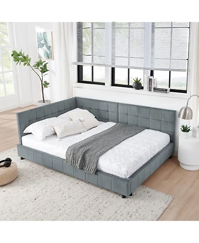 Rainsken Full Daybed L-Shaped, Modern Velvet Upholstered Sofa Day Bed, with Wood Slats, for Living Room Bedroom Guest Room, No Box Spring Needed