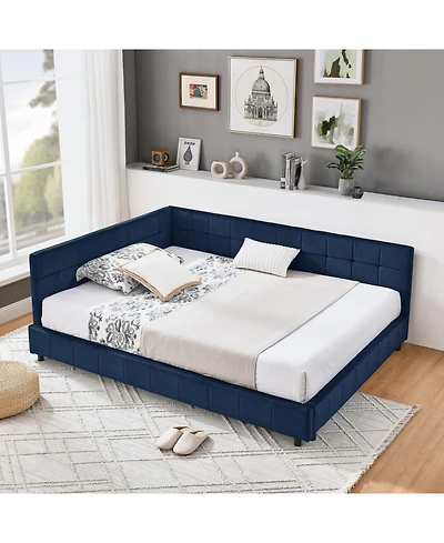 Rainsken Full Daybed L-Shaped, Modern Velvet Upholstered Sofa Day Bed, with Wood Slats, for Living Room Bedroom Guest Room, No Box Spring Needed