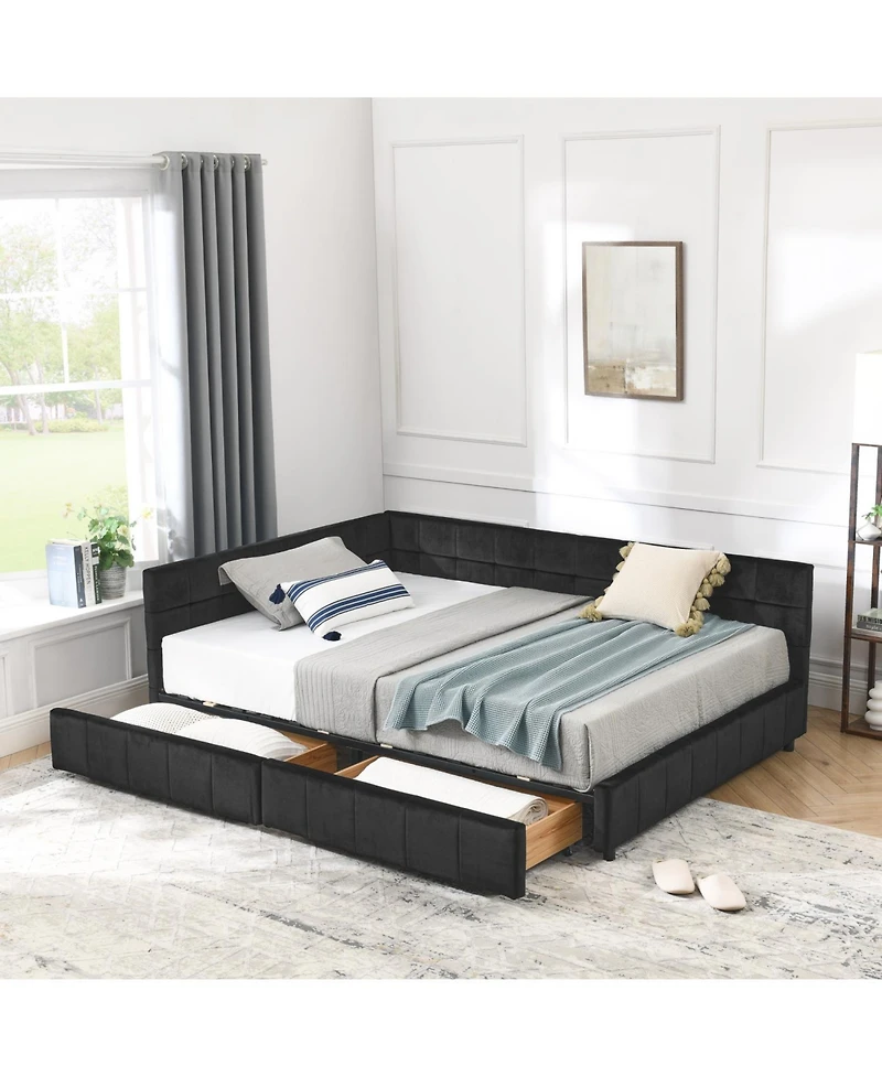 Rainsken Storage Upholstered Tufted Bed Frame, with 2 Drawers, Velvet Corner Frame Full, No Box Spring Needed