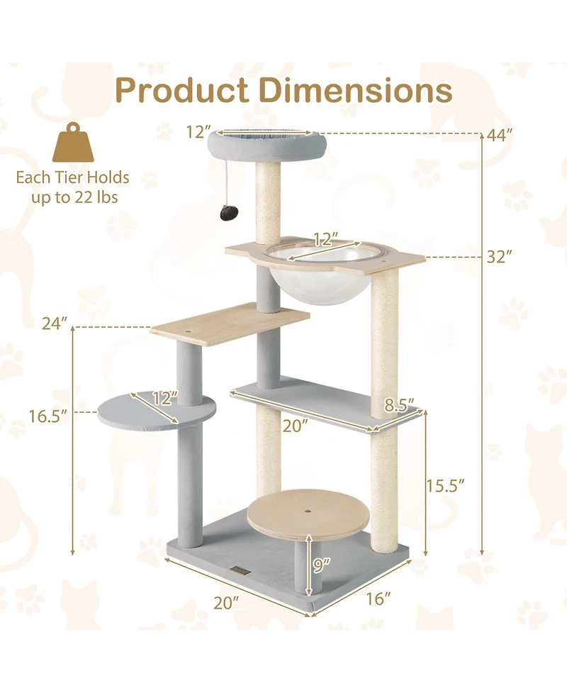 Cozito Cat Tree 44 inch Modern with Removable Padded Top Perch