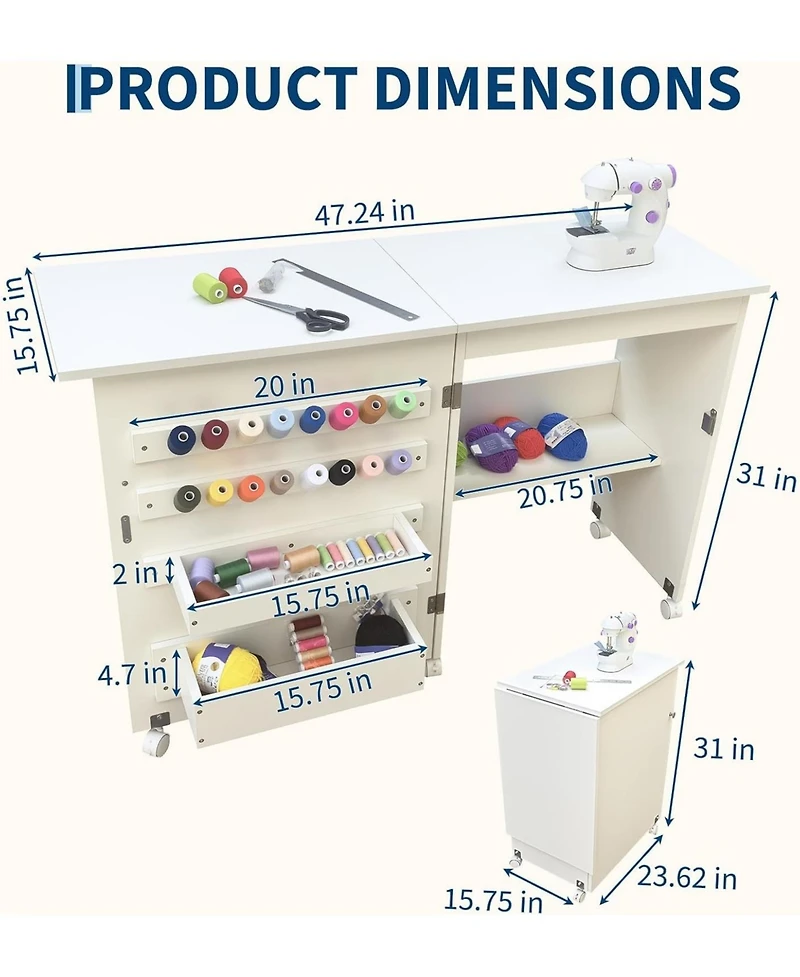 gaomon Folding Sewing Table, Sewing Machine Table with Wheels, Storage Shelves, Trays, Wooden Pegs, Magnetic Door Catch