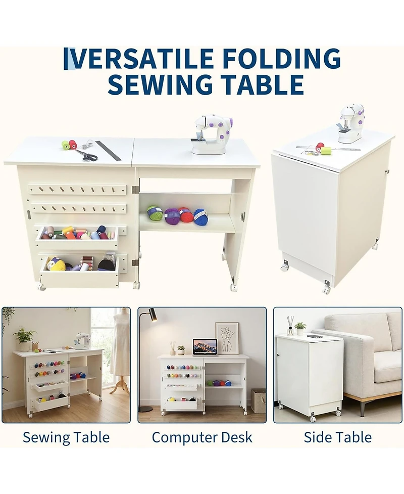 gaomon Folding Sewing Table, Sewing Machine Table with Wheels, Storage Shelves, Trays, Wooden Pegs, Magnetic Door Catch