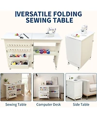 gaomon Folding Sewing Table, Sewing Machine Table with Wheels, Storage Shelves, Trays, Wooden Pegs, Magnetic Door Catch