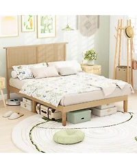 Slickblue Bed Frame with Rattan Headboard, Sturdy Platform Bed for Bedroom