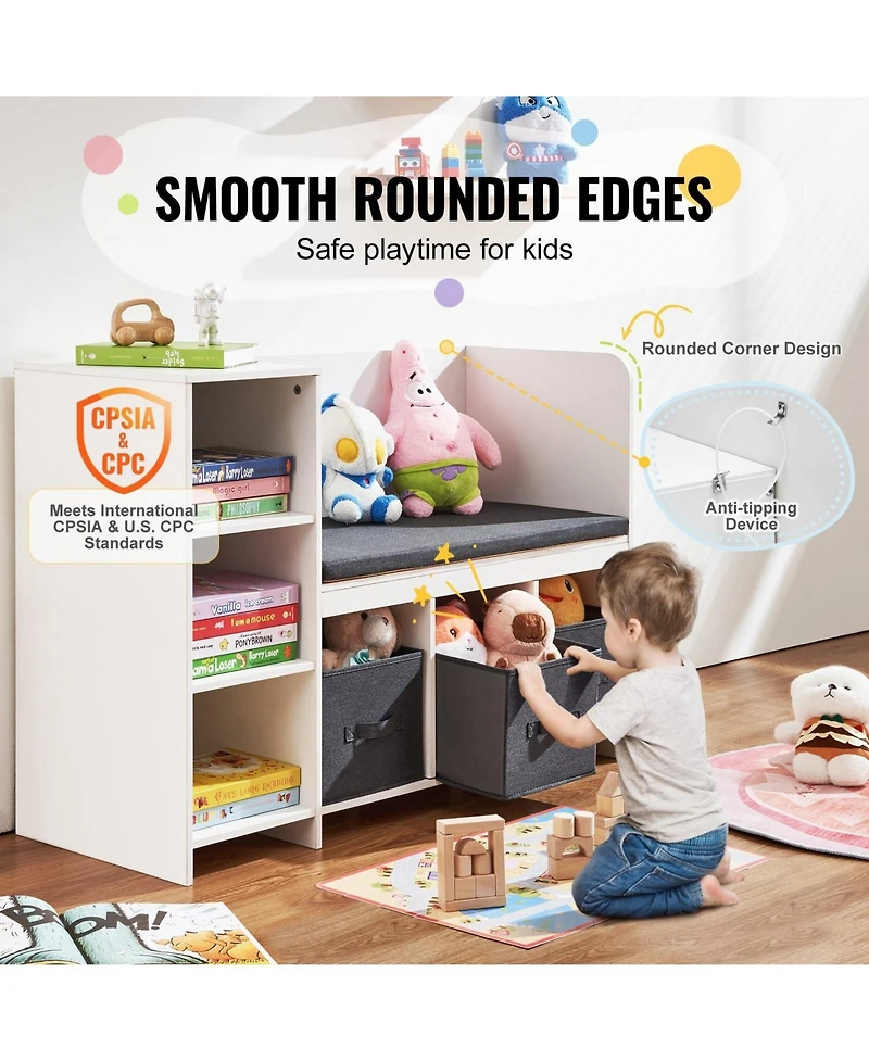 Gouun Kids Reading Nook Bench with Bookshelf 6 Cubbies 3 Drawers and Seat Cushion