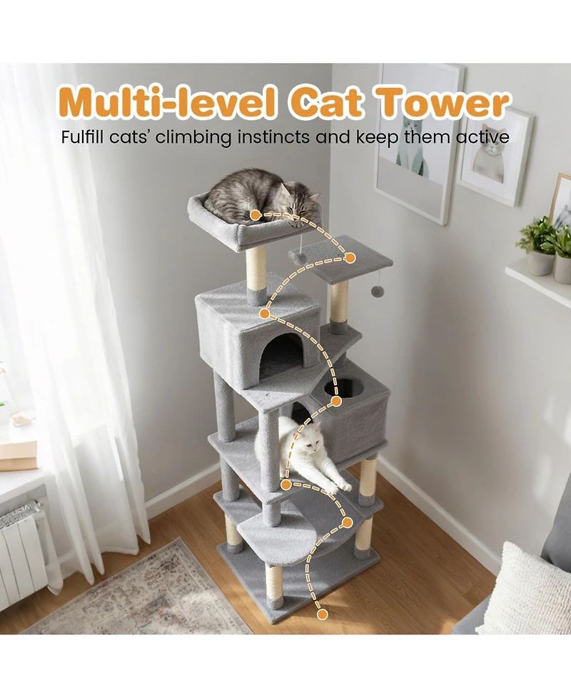 Cozito Cat Tree 58 inch Modern with Upholstered Perch and 2 Condos