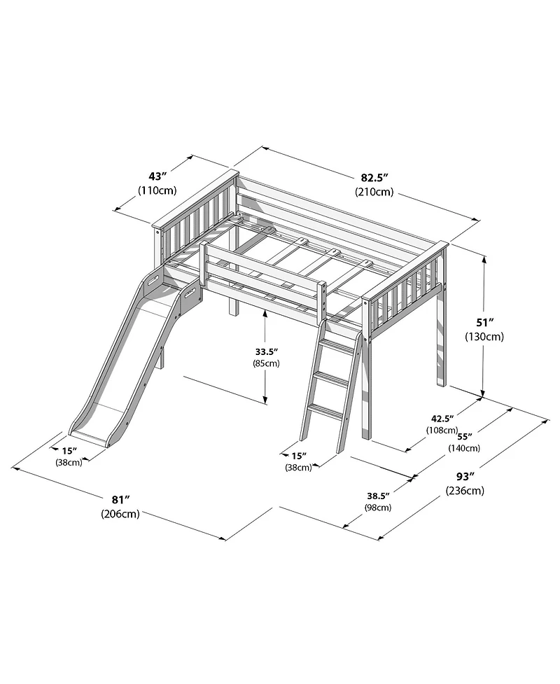 Max & Lily Twin Low Loft Bed with Slide, Solid Wood Kids Platform 14 inch Guardrails