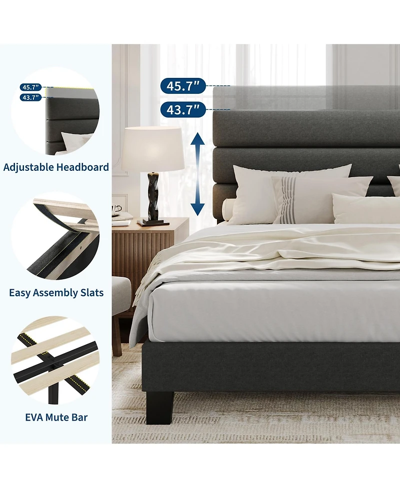 gaomon Linen Upholstered Bed Frame with Adjustable Headboard, Heavy Duty Support