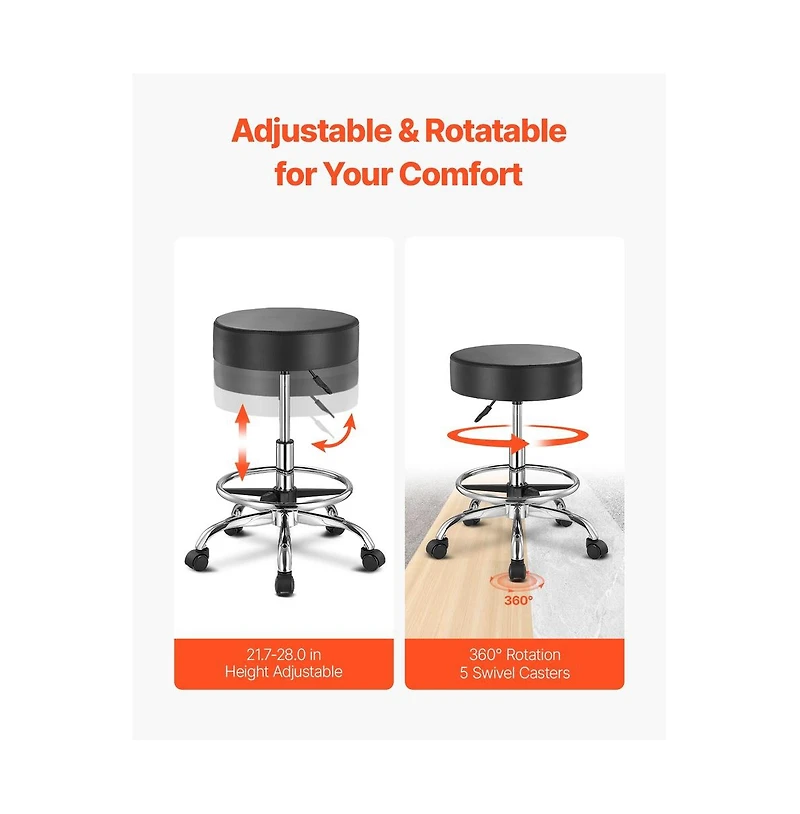 Sugift Adjustable Height Rolling Stool with Footrest and Wheels, 450 lbs Capacity Pu Leather Swivel Stool for Salon Spa Clinic