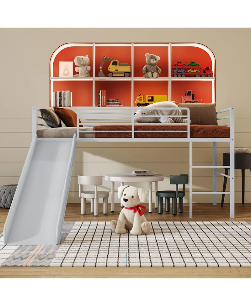 Gouun Twin Metal Loft Bed with Slide, Dual Handrails and Built-in 3-Step Ladder