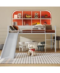 Gouun Twin Metal Loft Bed with Slide, Dual Handrails and Built-in 3-Step Ladder