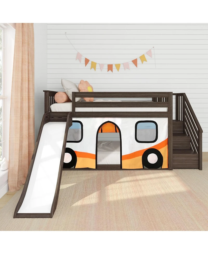 Max & Lily Low Loft With Stairs, Easy Slide and Orange Camper Van Curtain