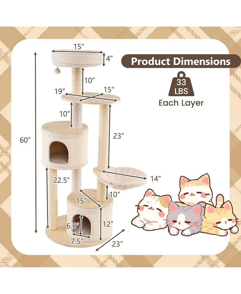 Cozito Cat Tower 60 inch Wooden with Sisal Posts and 2 Condos