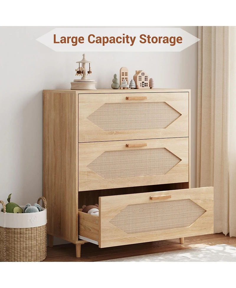 gaomon 3 Drawer Rattan Dresser for Bedroom, Modern Wood Chest of Drawers with Rattan Accents