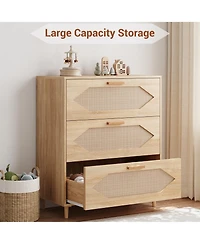 gaomon 3 Drawer Rattan Dresser for Bedroom, Modern Wood Chest of Drawers with Rattan Accents