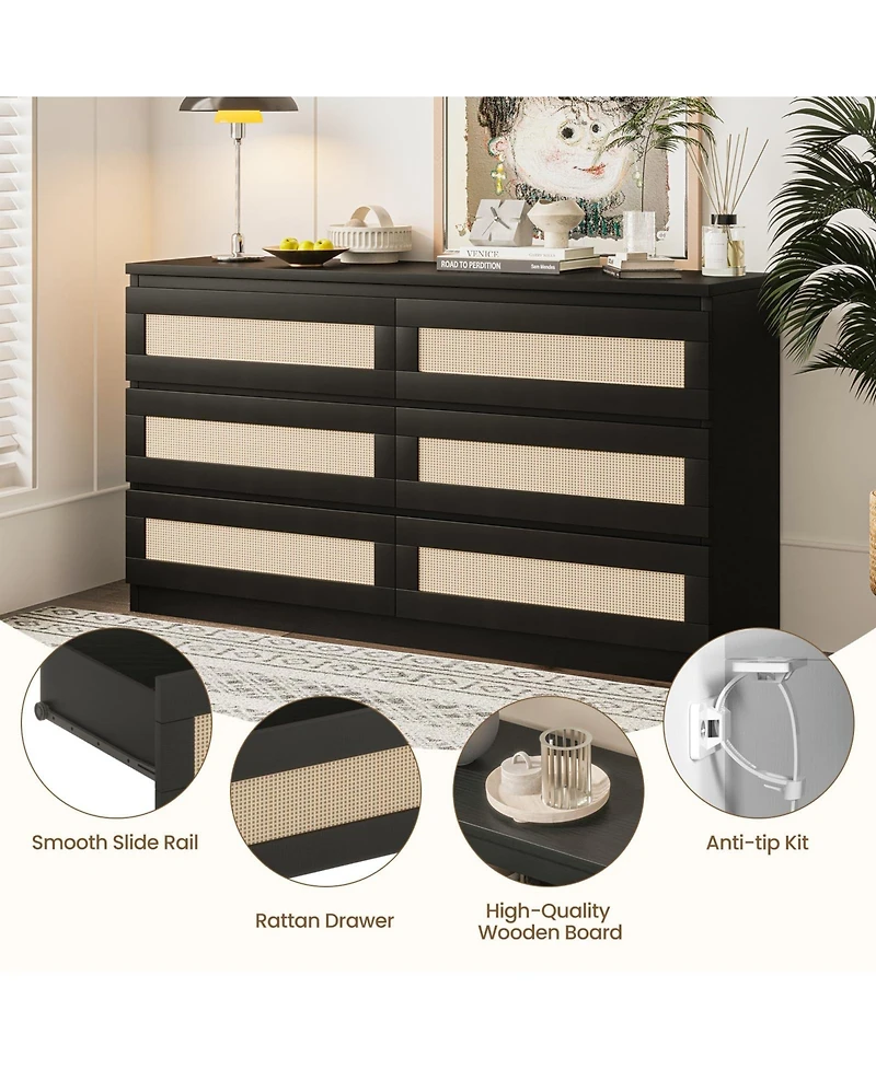 gaomon 6 Drawer Rattan Dresser for Bedroom, Double Wood Chest of Drawers Tv Stand