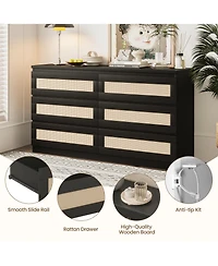 gaomon 6 Drawer Rattan Dresser for Bedroom, Double Wood Chest of Drawers Tv Stand