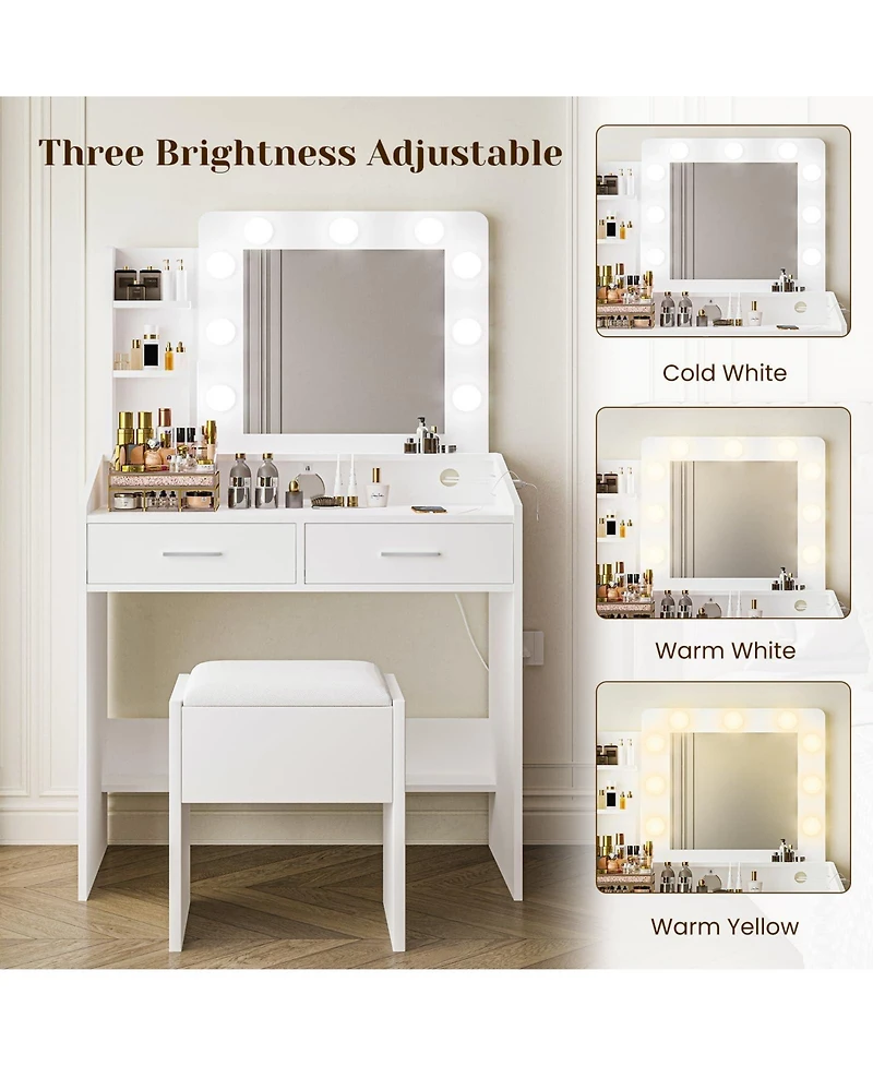 Homfan Modern Vanity Desk with Mirror, Led Lights, Power Outlet, Usb Ports, 2 Drawers, 3 Lighting Modes, Stool, Hairdryer Holder, Bedroom Makeup Table