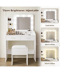 Homfan Modern Vanity Desk with Mirror, Led Lights, Power Outlet, Usb Ports, 2 Drawers, 3 Lighting Modes, Stool, Hairdryer Holder, Bedroom Makeup Table