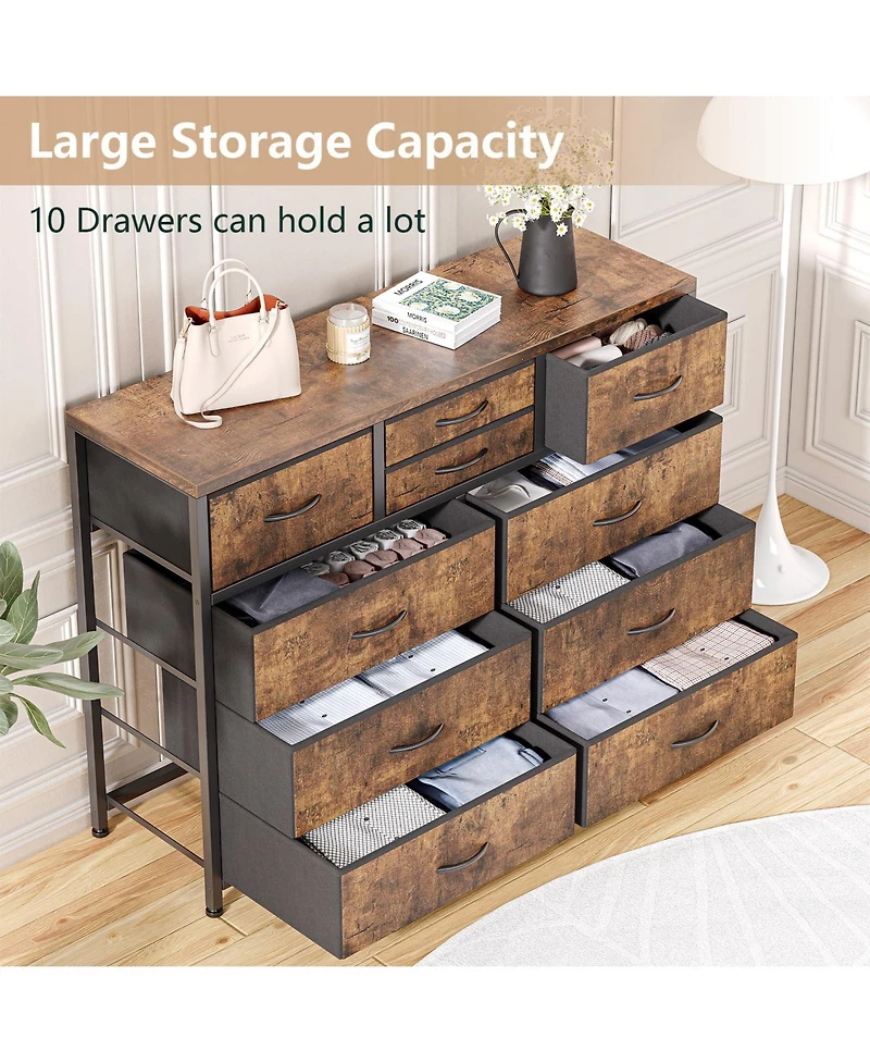 gaomon Wide 10 Drawer Fabric Dresser Tv Stand, Steel Frame Storage Chest with Wood Top