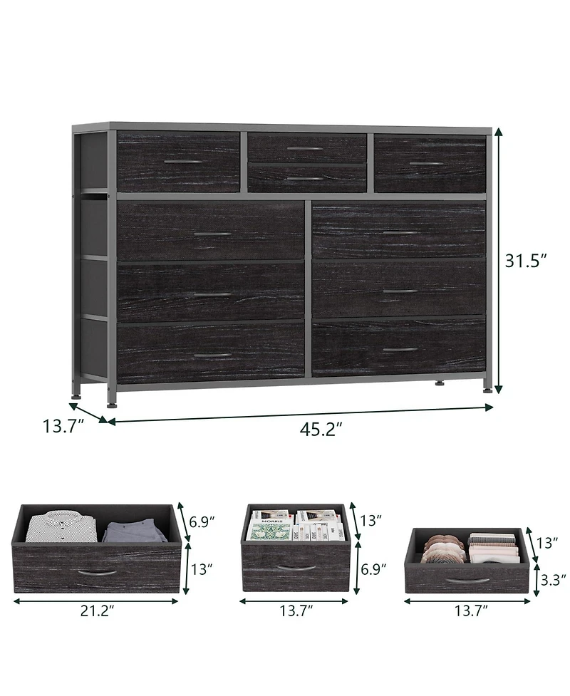 gaomon Wide 10 Drawer Fabric Dresser Tv Stand, Steel Frame Storage Chest with Wood Top