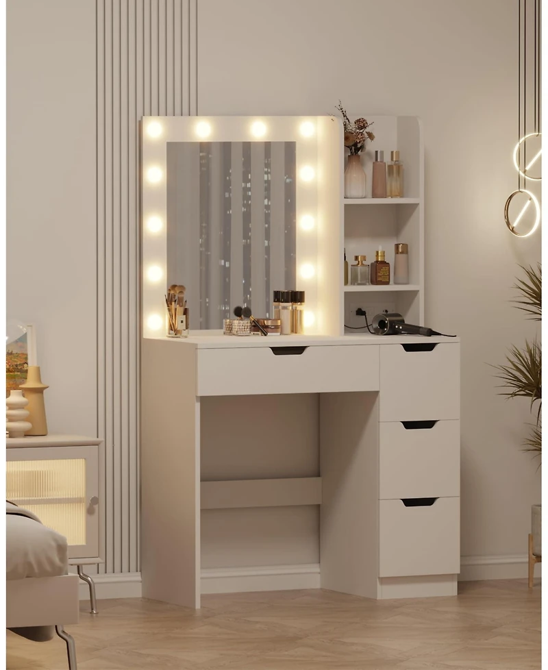 Homfan Vanity Desk with Mirror and Lights, 4 Drawers, Built-in Power Outlet Usb, Adjustable Led Lighting, Makeup Table for Bedroom