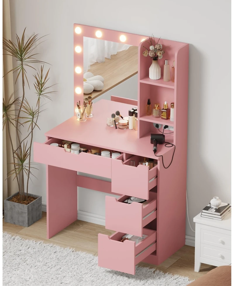 Homfan Vanity Desk with Mirror and Lights, 4 Drawers, Built-in Power Outlet Usb, Adjustable Led Lighting, Makeup Table for Bedroom