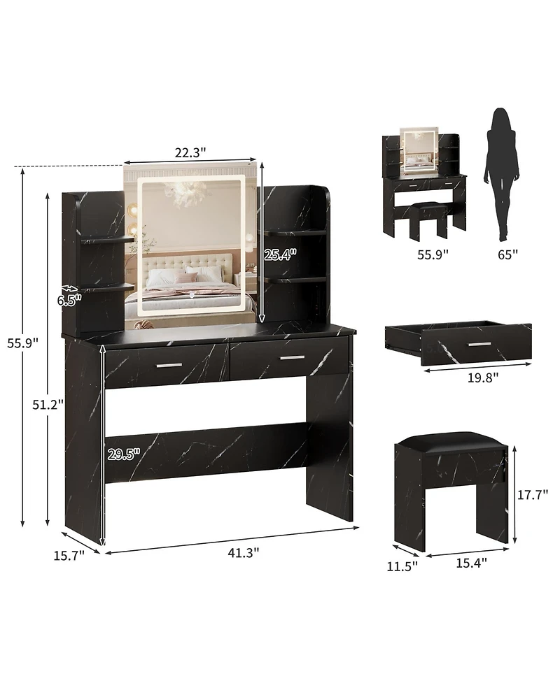 Homfan Makeup Vanity Desk with Mirror and Led Lights, 6 Storage Shelves, 2 Drawers, Cushioned Stool, Built-in Power Outlet, Dressing Room Table Set