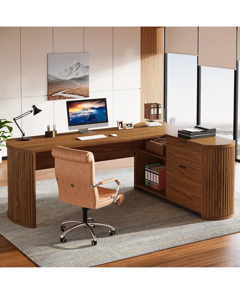 Tribesigns 1 Piece Fluted Engineered Wood L Shaped Executive Desk with Filing Cabinet, Storage Shelves and Privacy Panel