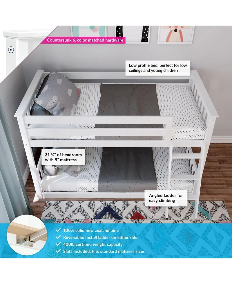 Max & Lily Bunk Bed for Kids, Solid Wood Low Beds with Ladder