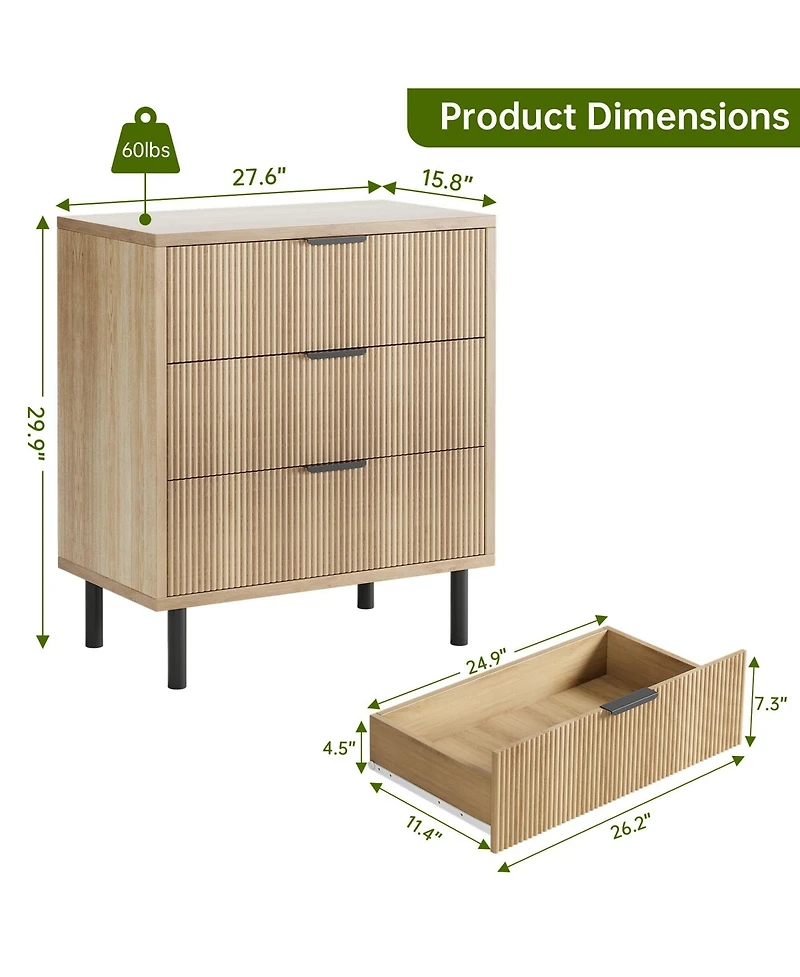 gaomon 3 Drawer Fluted Dresser for Bedroom, Modern Wide Chest of Drawers with Metal Legs