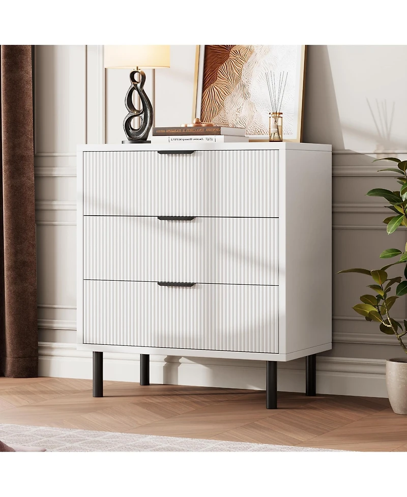 gaomon 3 Drawer Fluted Dresser for Bedroom, Modern Wide Chest of Drawers with Metal Legs