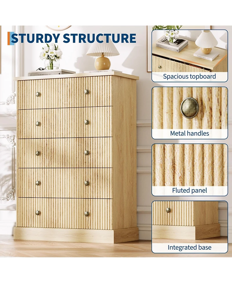 gaomon 5 Drawer Fluted Dresser, Slim Vertical Wood Chest with Metal Handles for Bedroom Apartment Guest Room